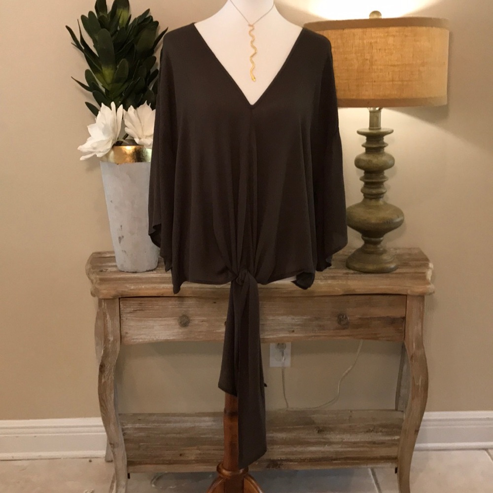 SOLD OUT  Bell sleeve self-tie top in dark olive